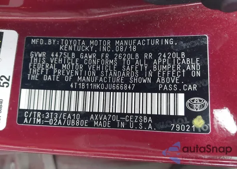 2018 Toyota Camry L/Le/Xle/Se/Xse z USA, uszkodzony, nr VIN 4T1B11HK0JU666847